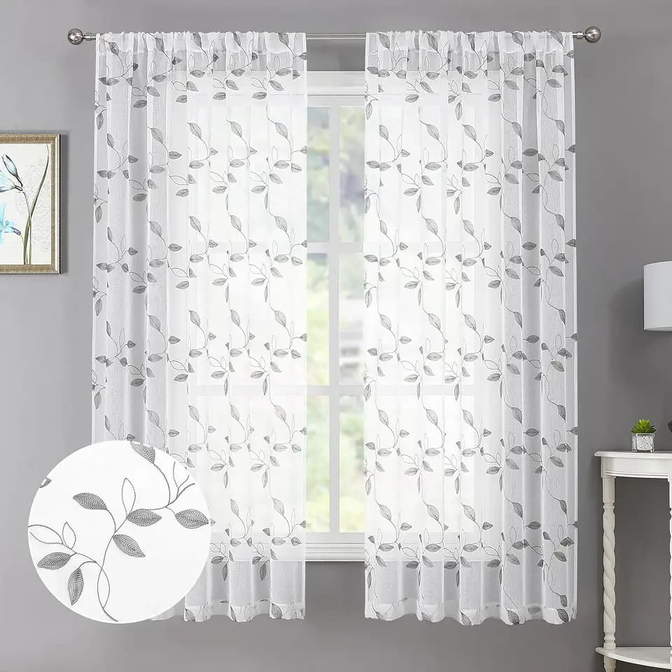 Tollpiz Grey Leaf Sheer Curtain Living Room Short 54 x 54 Inches