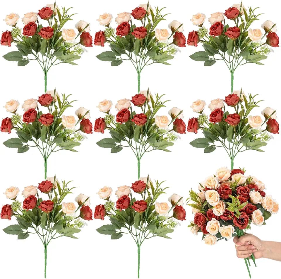 Zeyune 8 Pack 12 Inch Artificial Rose Bouquet, Burnt Orange and Champagne