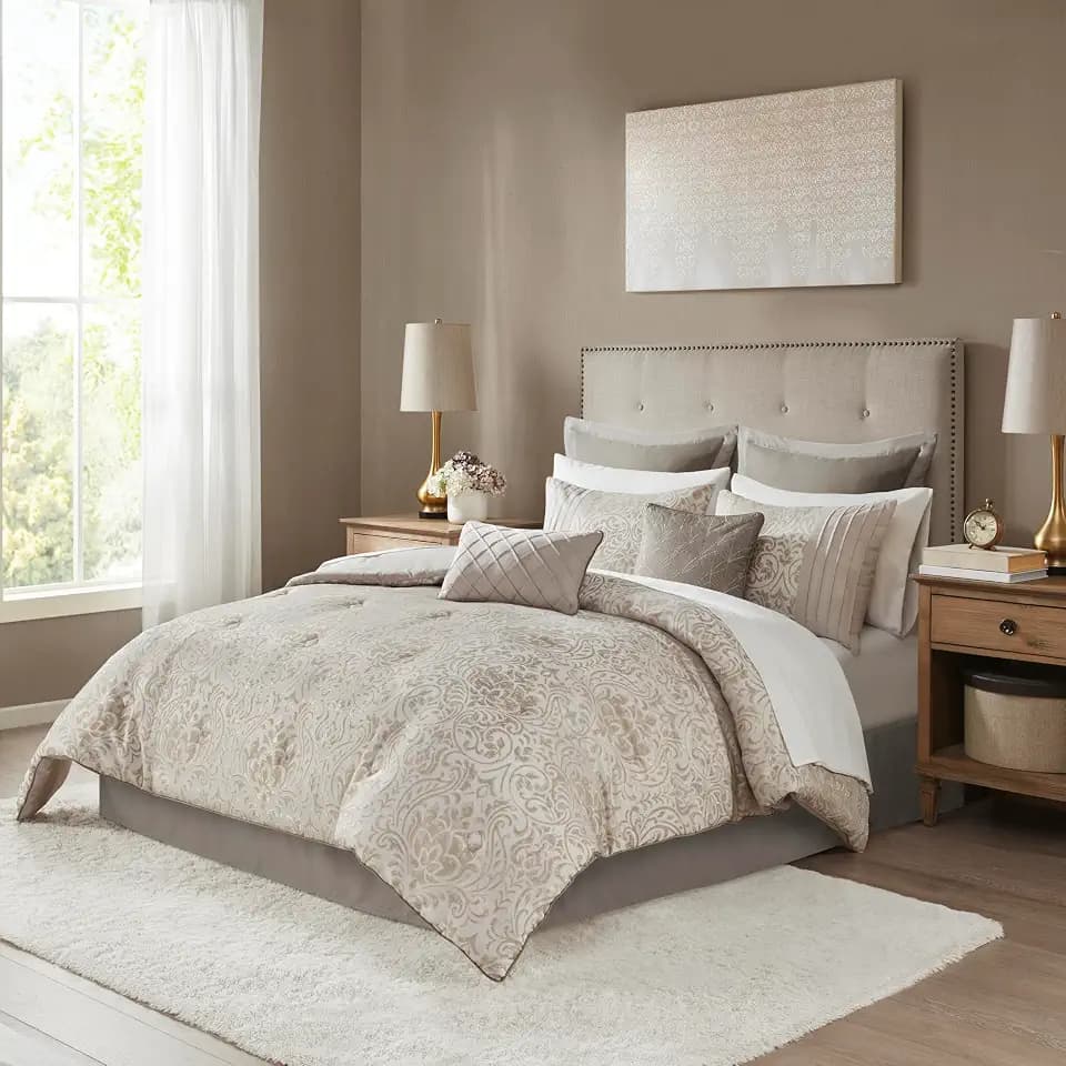 Madison Park Damask Comforter Set with Sheets, 12PC Queen Bed in a Bag