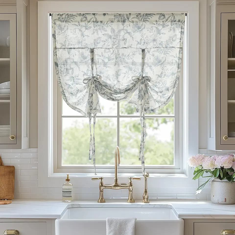 Madison Park Linen Tie Up Valance for Living Room, Floral, 42x63 Blue