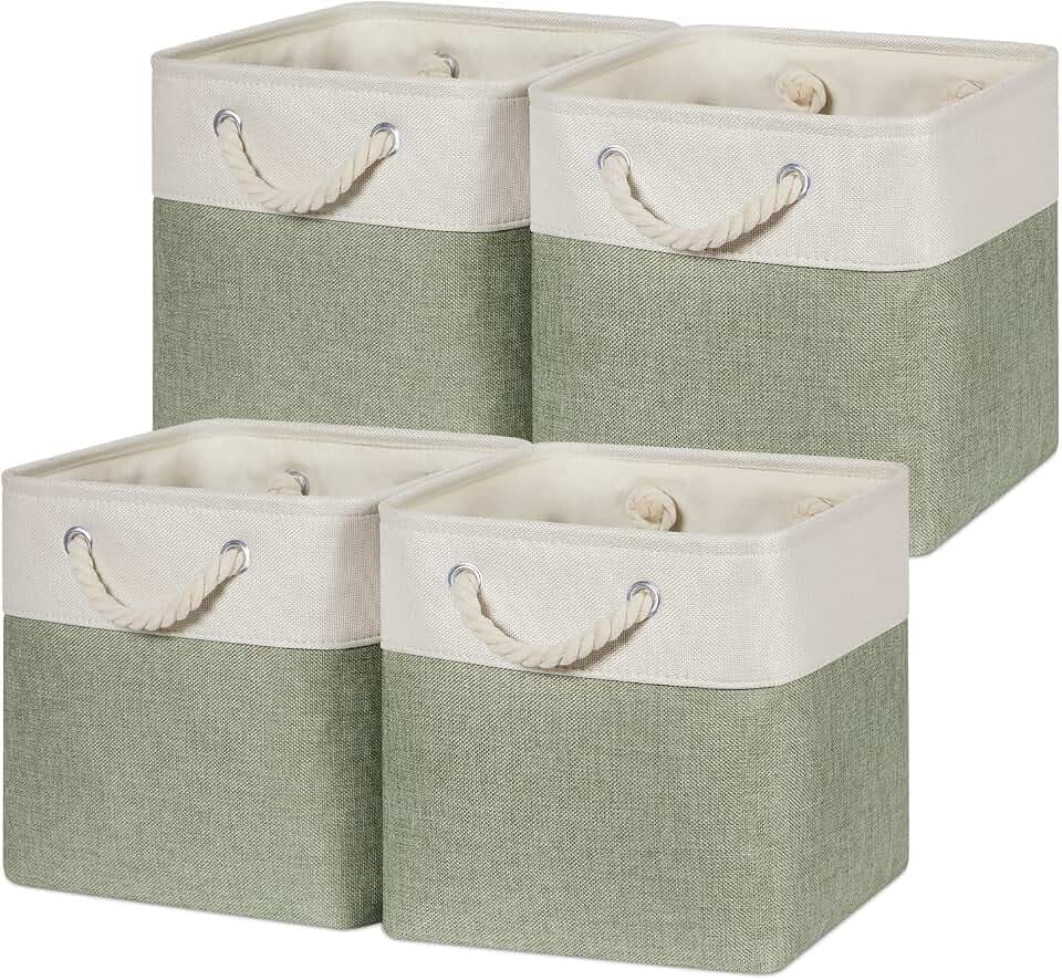Temary Cube for Shelves 11 Inch Bin 4Pack Fabric Storage Baskets for Organizing Toys, Clothes, Decorative Baskets with Rope Handles (White&Green)