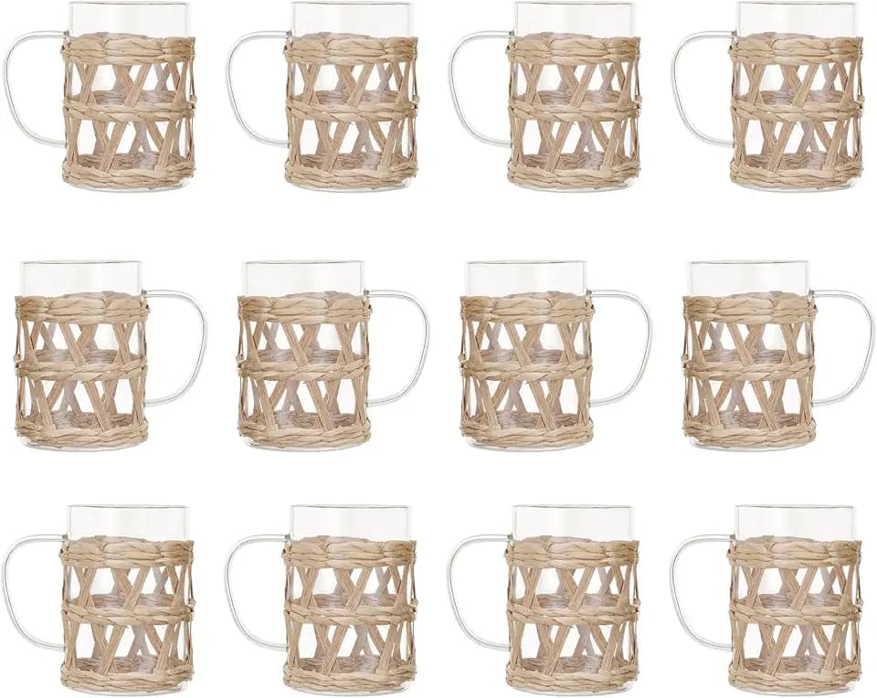 Creative Co-Op Round Glass Mug with Woven Sleeve, Natural, Set of 12