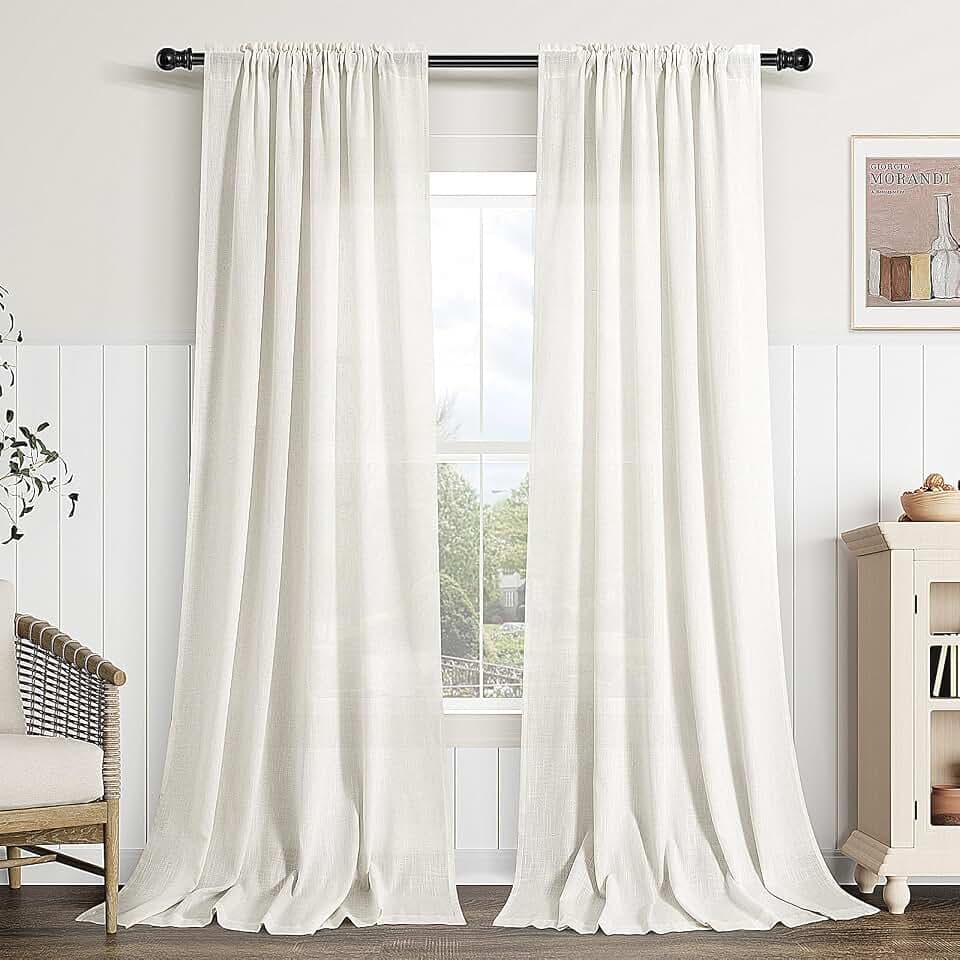 Guken Linen Curtains 96 Inch Long for Living Room Rod Pocket Beige White