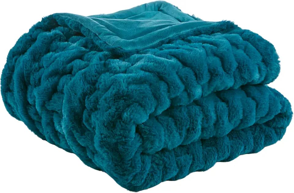 Madison Park Ruched Fur Throw Faux Fur Blanket for Sofa, 50" x 60", Teal