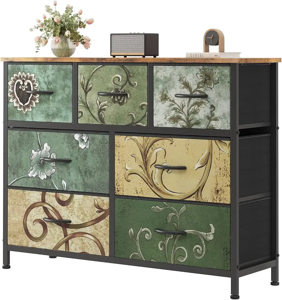 Sweetcrispy 7 Drawer Dresser for Bedroom Storage, Fabric Bins, Floral Print