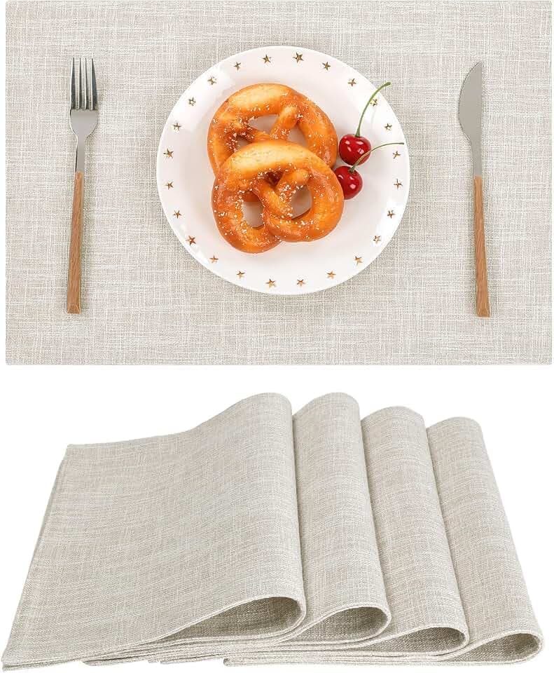 SHACOS Washable Cloth Placemats Set of 4, Double Layer Thick Non Slip Heat Resistant Place Mats, Stain Resistant Faux Linen Modern Farmhouse Table Mats, Ivory