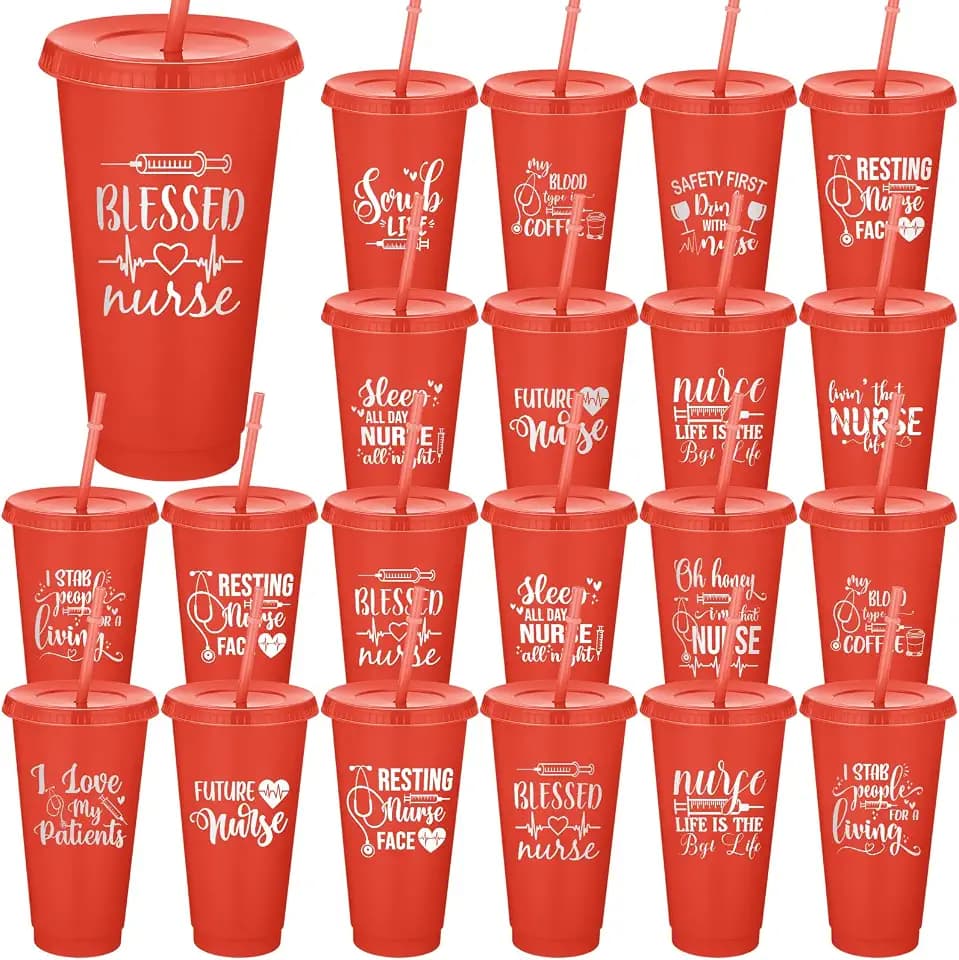 Skylety 24 Pcs 24oz Nurse Appreciation Cups Thank You Tumblers with Lids and Straws Plastic Coffee Mugs Cups Bulk Appreciation Gifts for Nurse Staff Valentine's Day Favor Gifts (Red)