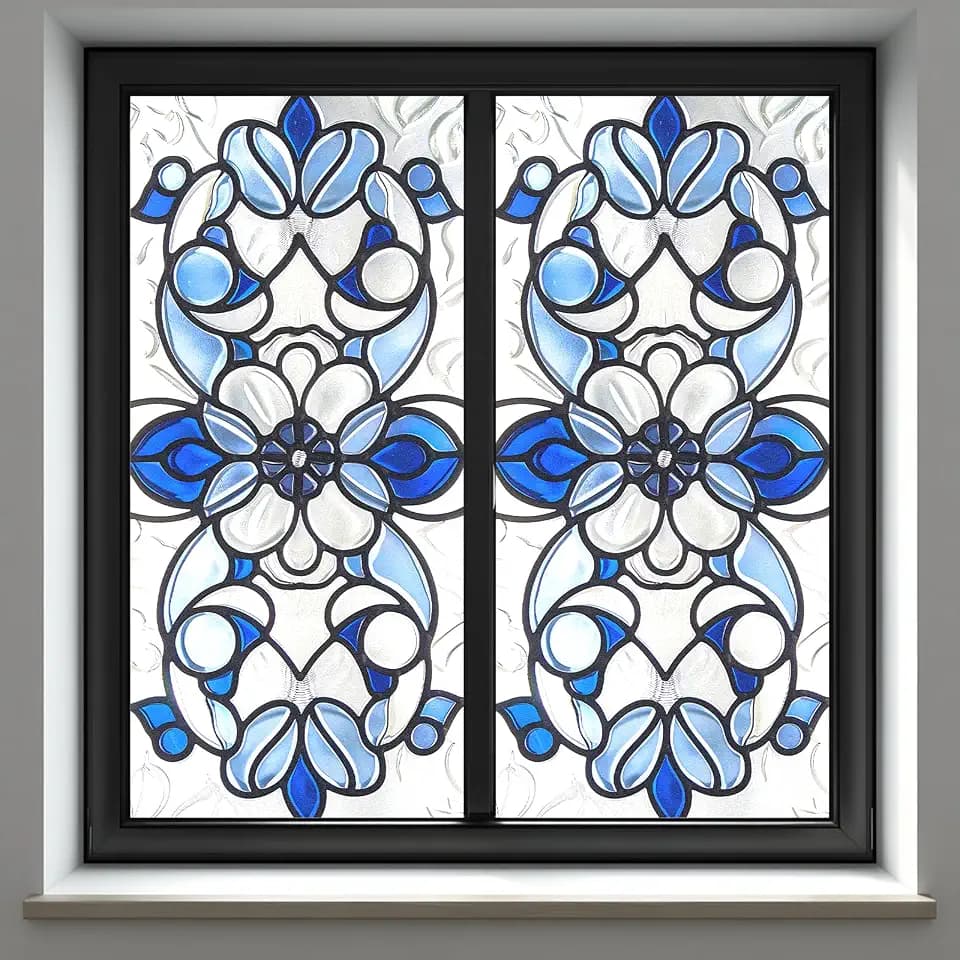 Privacy Window Film Frosted Window Film Window Cling Decorative Window Film 17.5 x 39.4 Inch Blue Geometric Floral Stained Glass Pattern Window Film for Bathroom Bedroom Glass Door