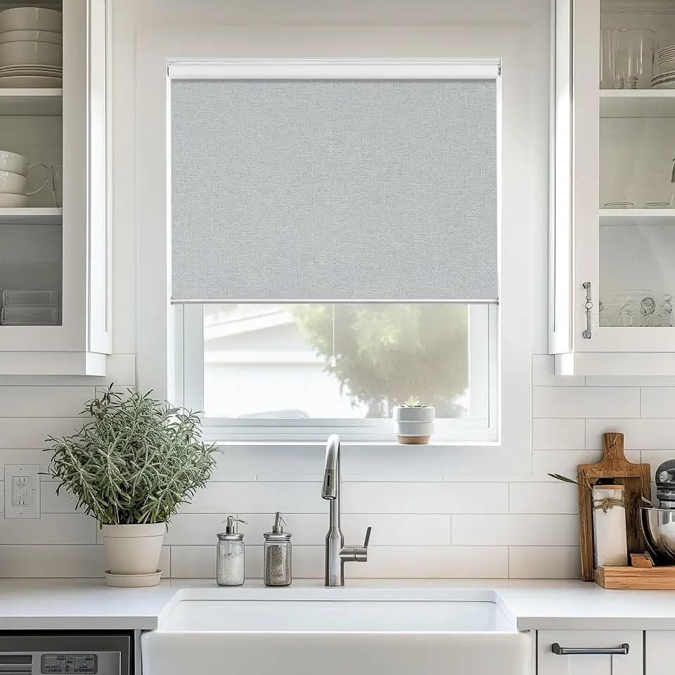 ChrisDowa Cordless 100% Blackout Roller Shade, with Striped Jacquard, Thermal Insulated, UV Protection Fabric, Total Blackout Blinds for Window, French Doors, Home and Office. Light Grey, 26"W x 72"H