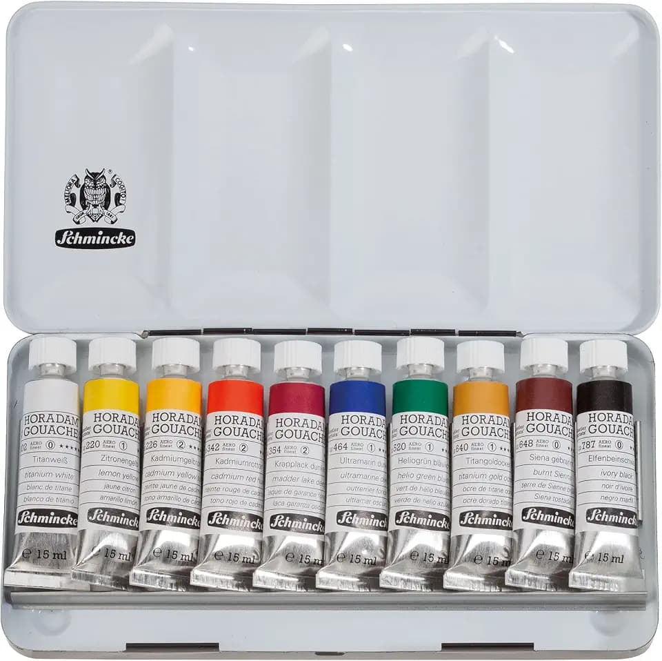 Schmincke - HORADAM® Gouache, 10 x 0,51 fl oz / 15 ml tubes, 72 701 097, 10 finest gouache colors in a metal box, highest concentration of pigments