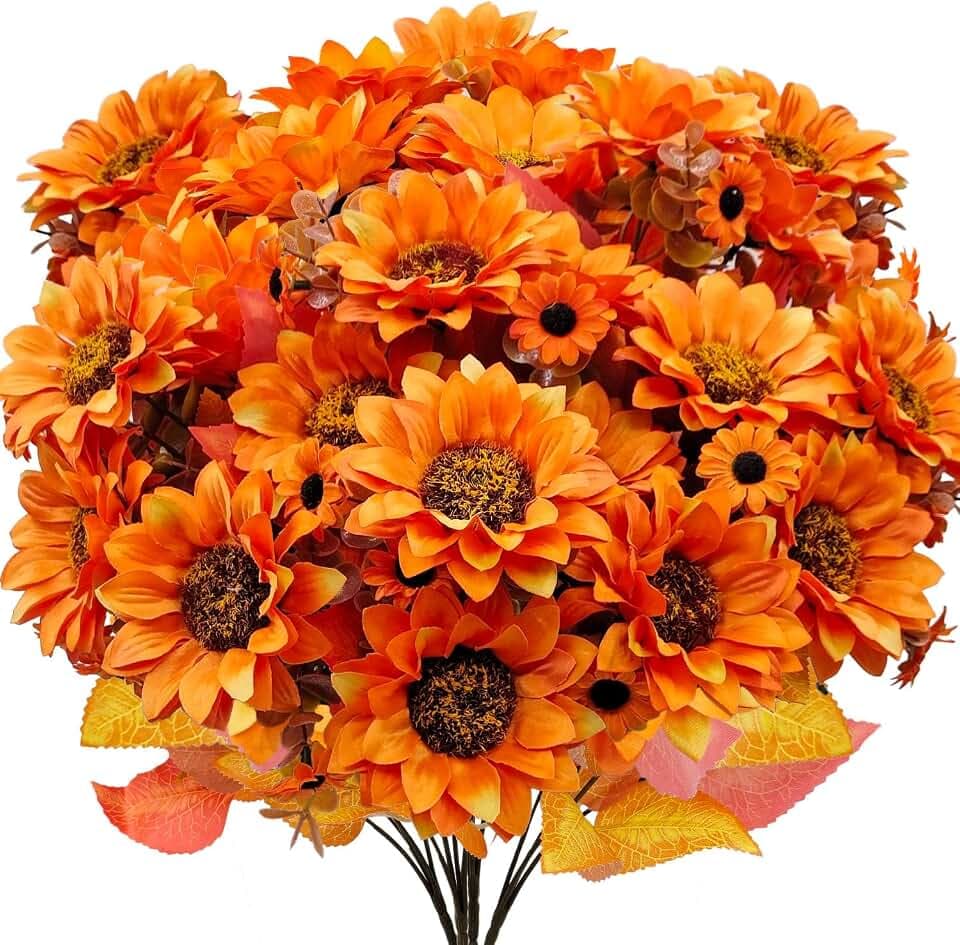 4 Bundles Fall Sunflowers Artificial Flowers Fake Mums Bouquet Faux Silk Chrysanthemums Fall Floral Arrangement for Home Decor Indoor Outdoor Planter Party Wedding Table Vase Autumn Decoration