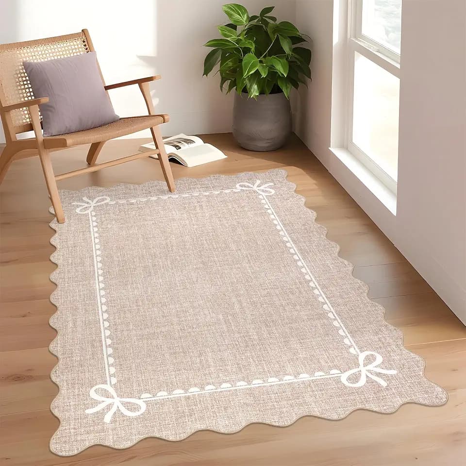 COZYLOOM Scalloped Area Rug for Living Room 4x6 Washable Area Rugs, Camel