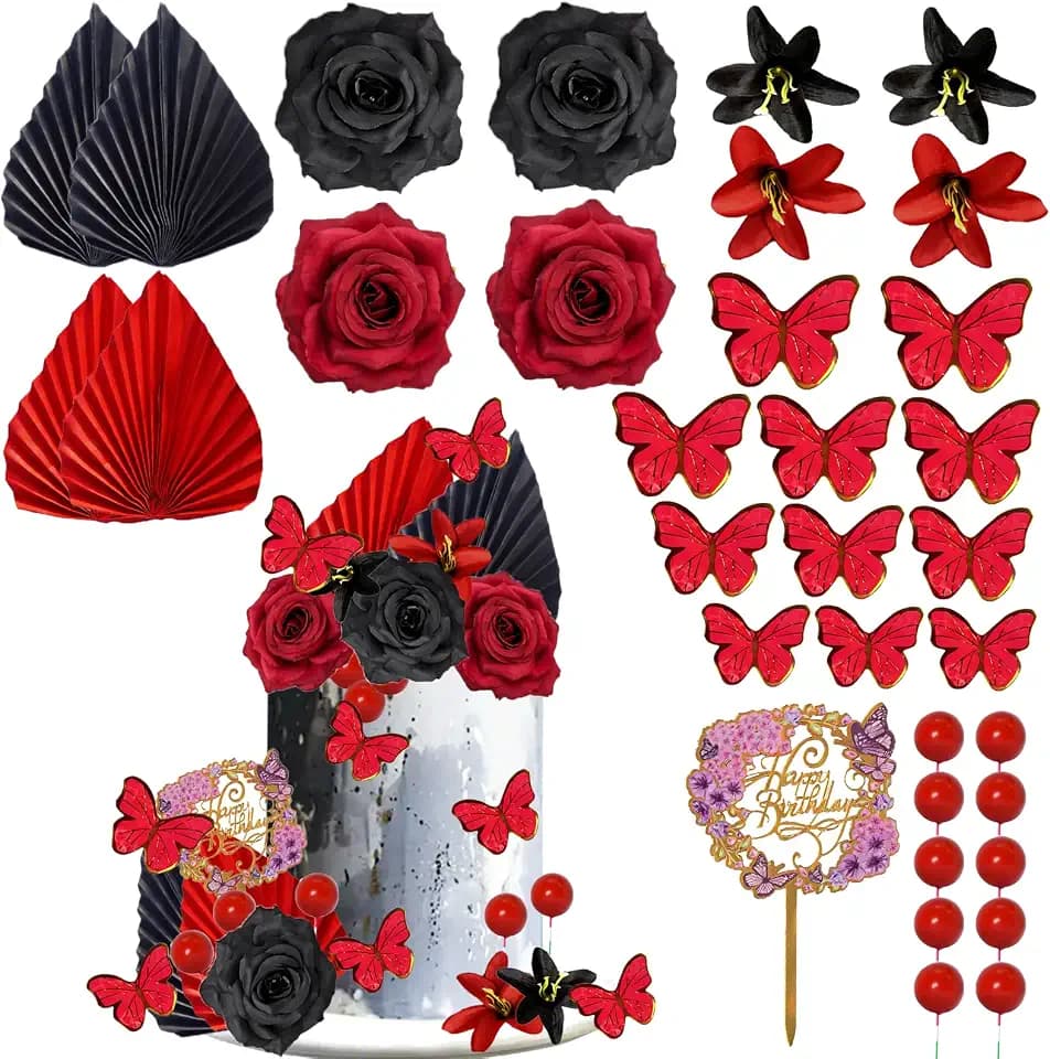 34Pcs Flower Cake Toppers Happy Birthday Cake Toppers Butterfly Artificial Rose Flowers Palm Leaves and Balls Cake Decorations for Wedding Bridal Birthday Party Supplies(Red)