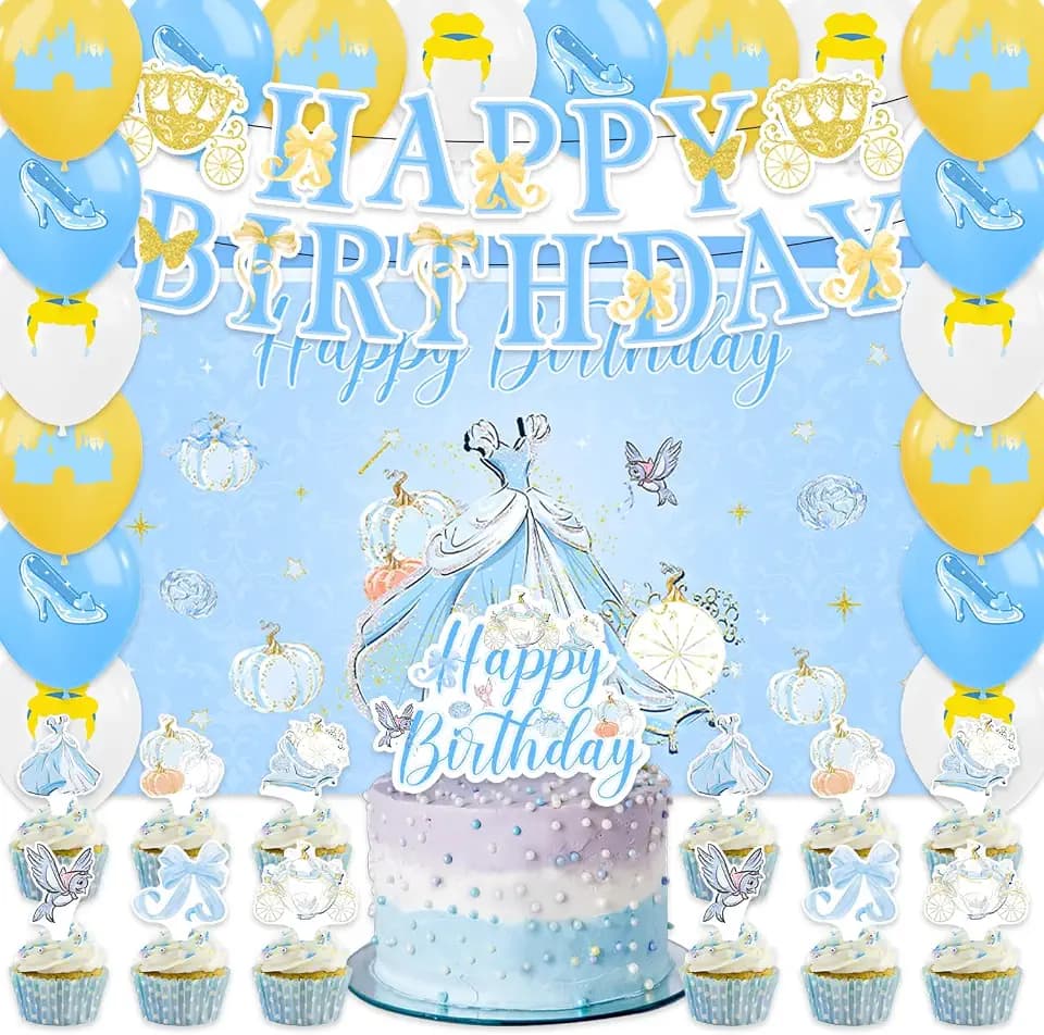 42Pack Cinderellas Party decoration pack include Banner,Cake Toppers,Balloons,Blackdrop for Cinderellas Birthdday Party Decoration