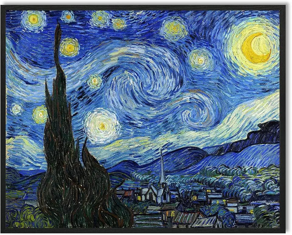 Van Gogh Canvas Wall Art: Starry Night Painting Famous Art Prints Posters Black Framed Modern Artwork Landscape Paintings Wall Decor for Home Office Living Room Bedroom 16"x20"