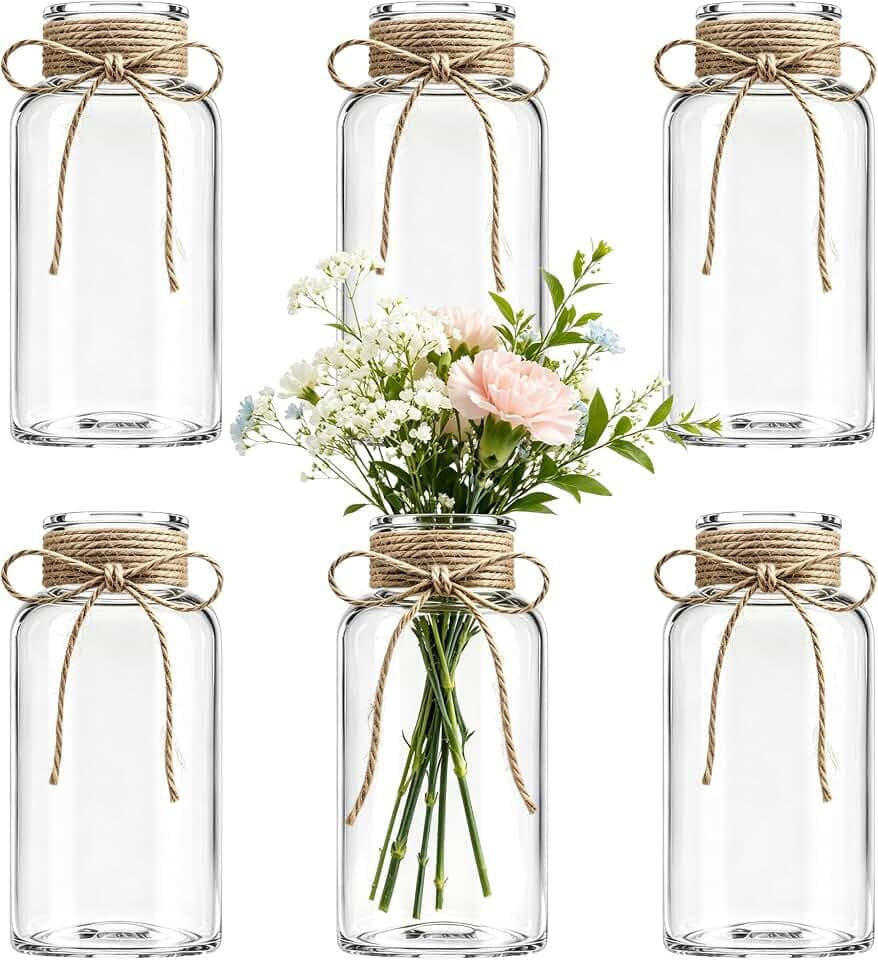 Mason Jar Glass Vases 6 Pack, Clear Flower Vase for Centerpieces