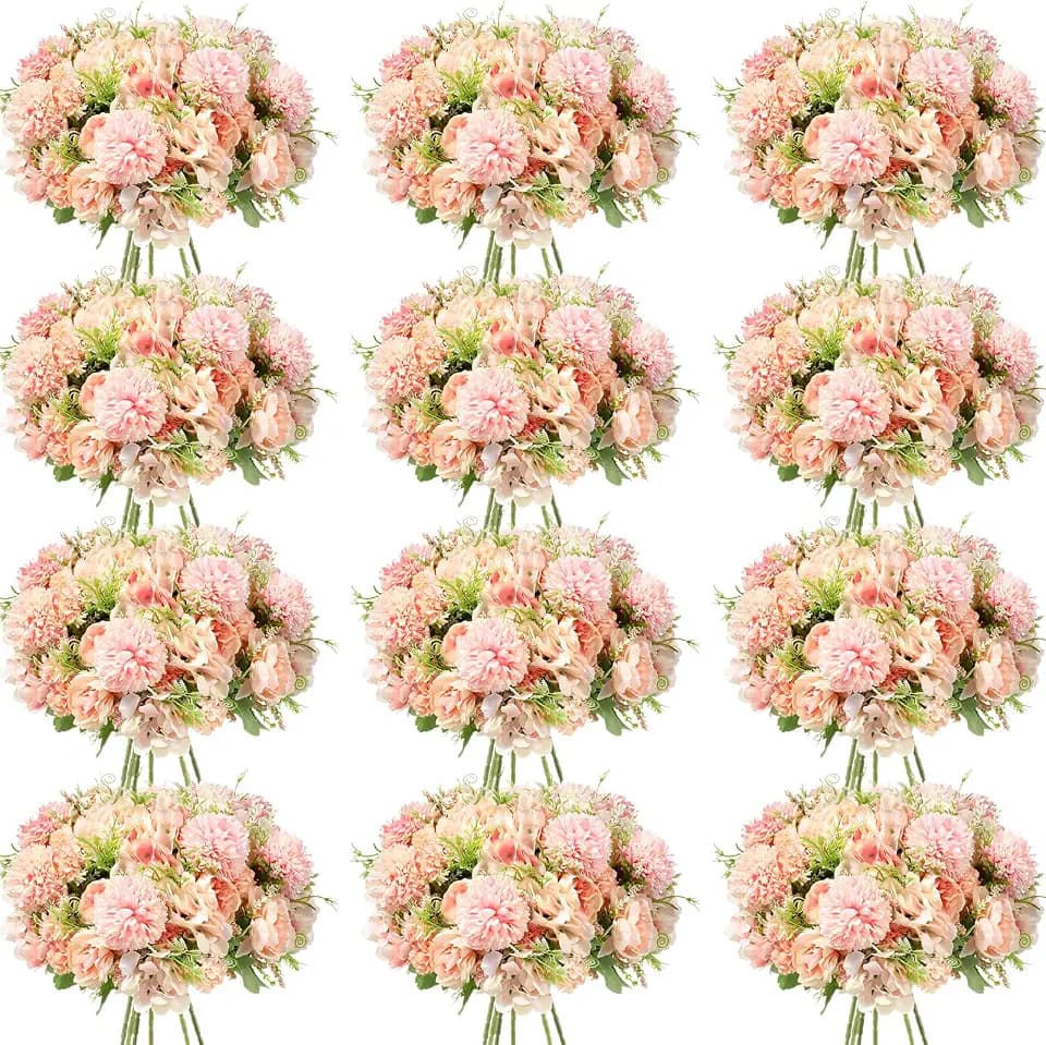 Tigeen 12 Bundles Artificial Flowers Bouquet Silk Peonies, Light Pink
