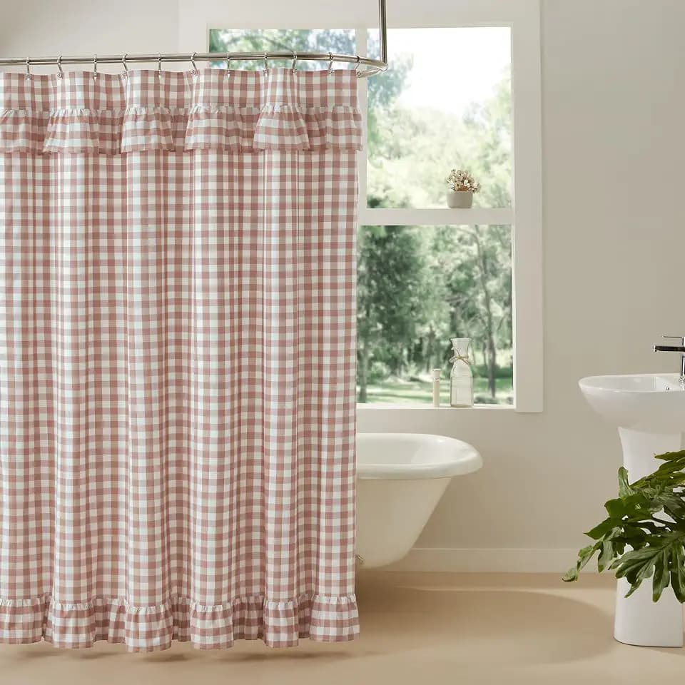 VHC Brands Annie Portabella Buffalo Check Ruffled Farmhouse Shower Curtain 72x72