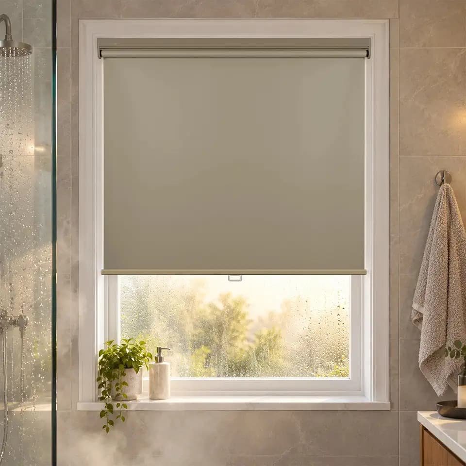 HESTIA No Drill Cordless Blackout Roller Shades Screwless Waterproof Shower Window Blinds, Auto-Retraction Easy Install Blind for Bathroom/Kitchen/Office/Exterior, Greige, 20.5" W x 54" H