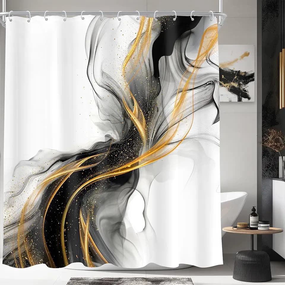 Black Gold Abstract Modern Ombre Grey Golden Bathroom Shower Curtain Set