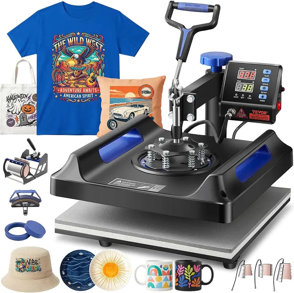 VEVOR 8 in 1 Heat Press Machine 15x15 Inch, 360° Swing Away Shirt Press Machine - Digital Professional Heat Transfer Tshirt Press Machine, Sublimation Heat Press for T Shirts Hat Cap Mug Plate Blue