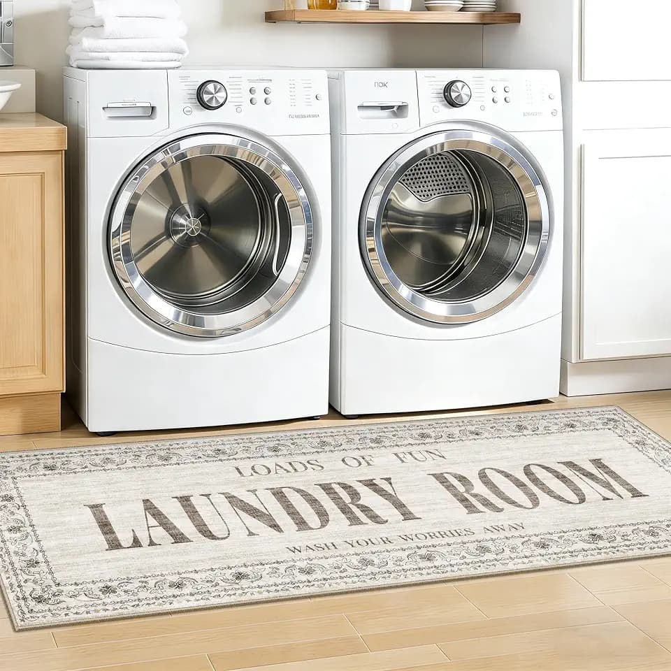 20"x60" Non-Slip Laundry Room Rug: Stain and Water Resistant Washable Laundry Mat - Durable Light-Weight Runner Farmhouse Home Decor - Soft Low-Pile Carpet for Laundry Bathroom Washroom 20"x60" Beige