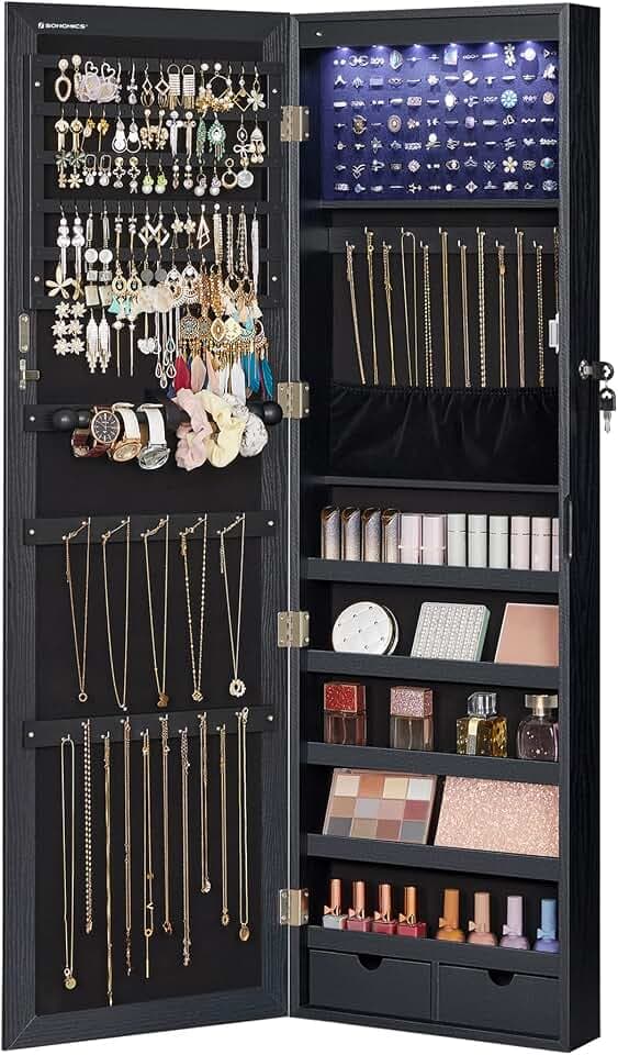 SONGMICS 6 LEDs Mirror Jewelry Cabinet, 47.2-Inch Tall, Lockable