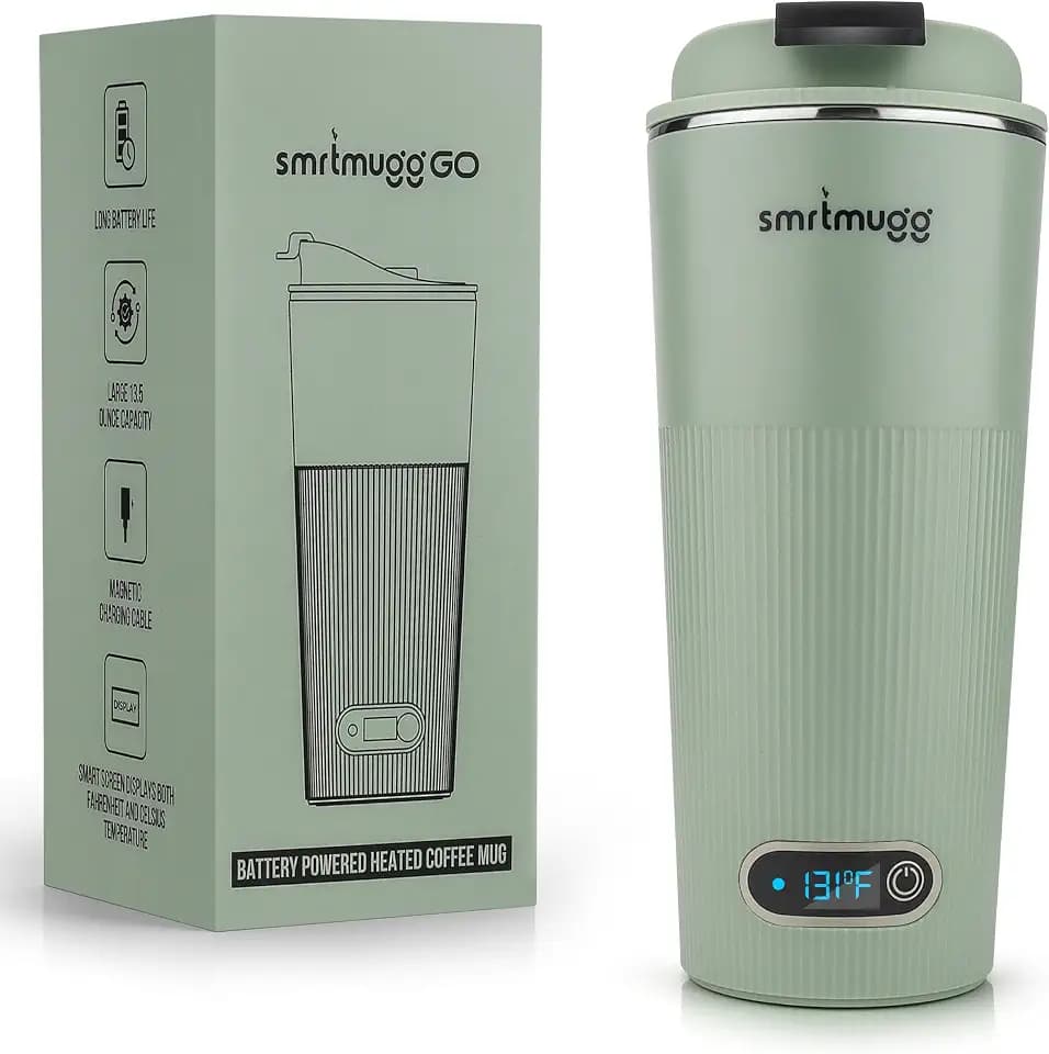 SmrtMugg GO Heated Coffee Mug, Travel Mug, 13.5 OZ. Smart Mug, Battery Powered Heated Coffee Mug, Great for Coffee and Tea, Snap on Magnetic Charging Cord, New and Improved (Mint Green)