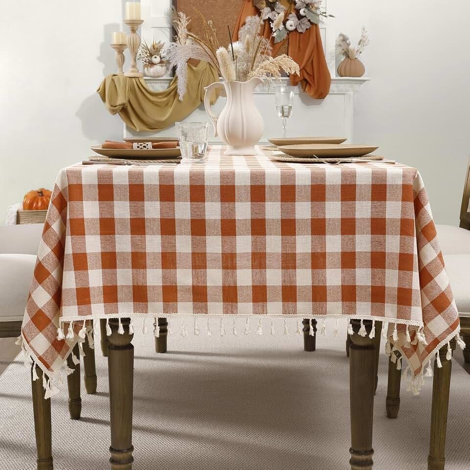 Romanstile Fall Gingham Tassel Tablecloth Rectangle - 60 x 84 Inch, Orange