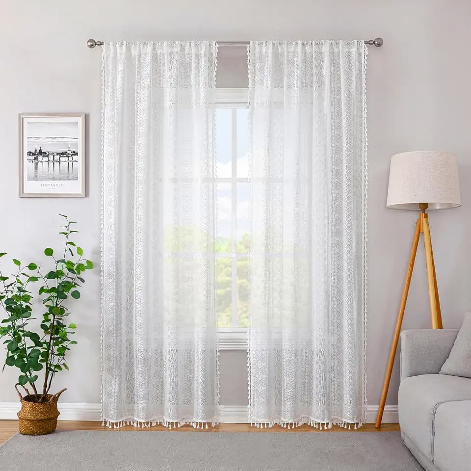 White Boho Sheer Lace Window Curtains with Tassel, 40" Wx90 Lx2