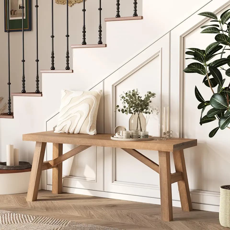 Wnutrees Sawmill Long Solid Wood Bench,43" Farmhouse Entryway Bench,Natural
