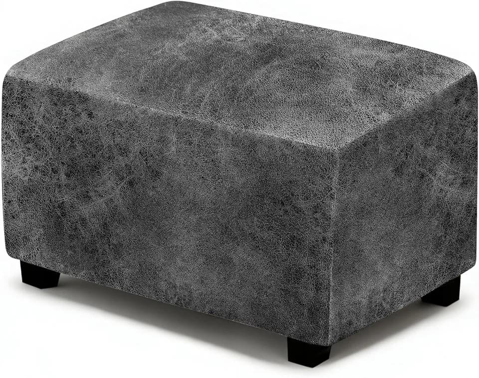 ANARACHON Leather Like Ottoman Cover, Stretch Small Square Ottoman Covers, Rectangular Ottoman Slipcovers with Removable Washable Non-Slip Elastic Bottom for Footstools (02 Light Grey, Small)