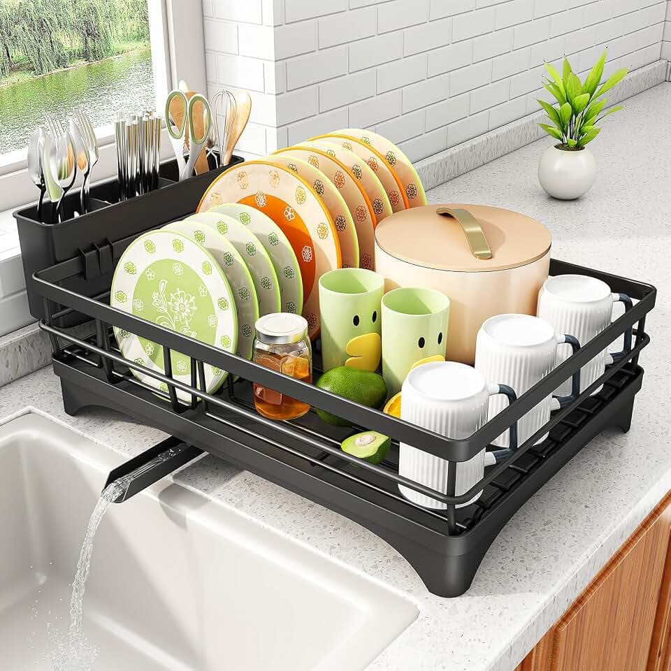 SAYZH Dish Drying Rack for Kitchen Counter with Utensil Holder, Black