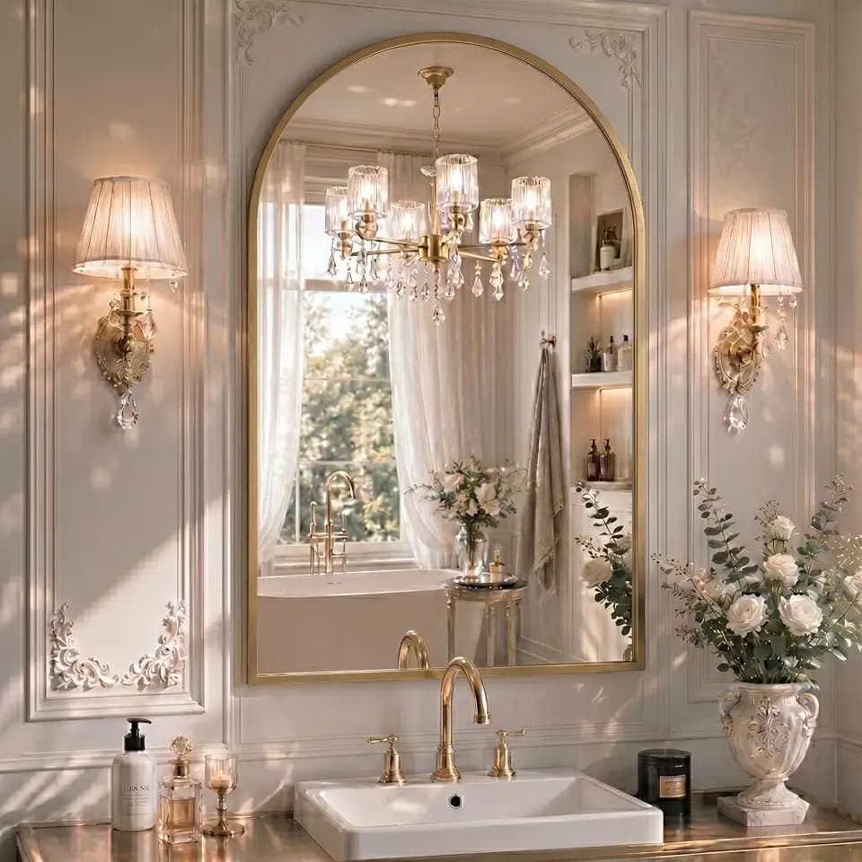 24"x36" Arched Gold Bathroom Mirror – Metal Framed with HD Shatter-Proof Glass, Wall-Mounted for Over Sink, Entryway, Living Room, Bedroom