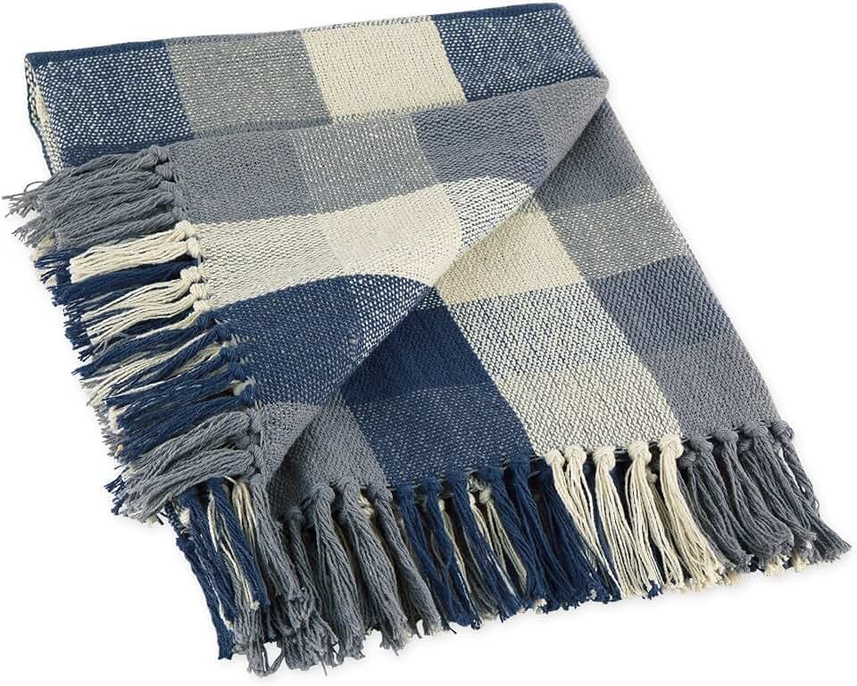 DII Buffalo Check Collection Rustic Farmhouse Throw Blanket with Tassels, 50x60, Tri Color, French Blue