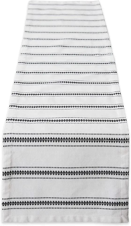 DII Zig Dobby Tabletop Collection, White Cotton Background with Embellished Stripe, Table Runner, 14x72, Black