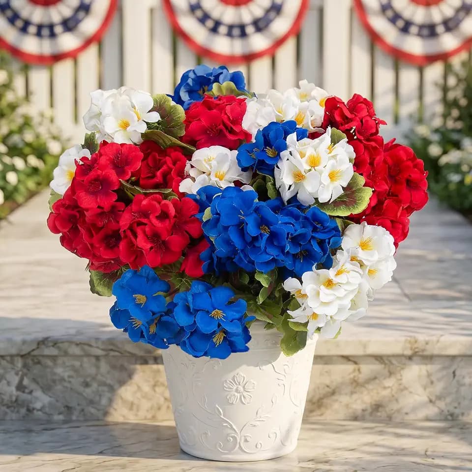 lovemoon 8 Pcs Artificial Geraniums Realistic Silk Patriotic Flowers, Red White Blue Faux Geranium Flowers for Outdoor Home 4th of July Office Decoration (8, Red White Blue)