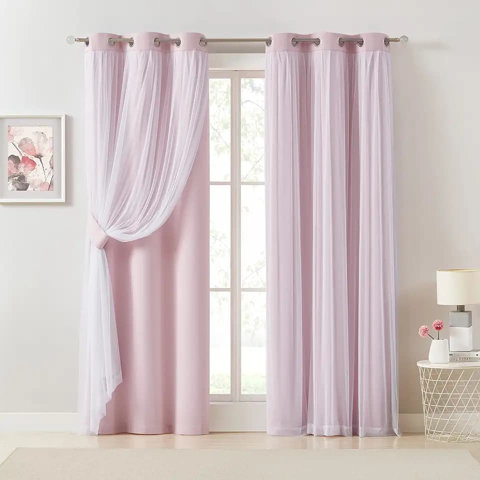 Bujasso Pink Blackout Curtains with Sheer Overlay Mix and Match Double Layer 80% Room Darkening Window Treatment Set for Girls Bedroom Living Room Pink Drapes with Tiebacks Grommet Top 37" Wx84 Lx2