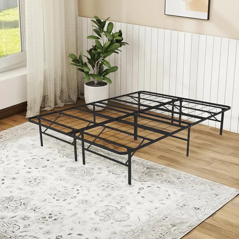 14 Inch Foldable Queen Size Bed Frame, Metal Platform, Noise-Free Steel Slat Support, No Box Spring Needed, Easy Assembly, Under Bed Storage