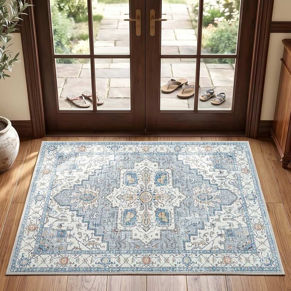 jinchan 3x5 Vintage Medallion Washable Accent Area Rug, Blue/Gray