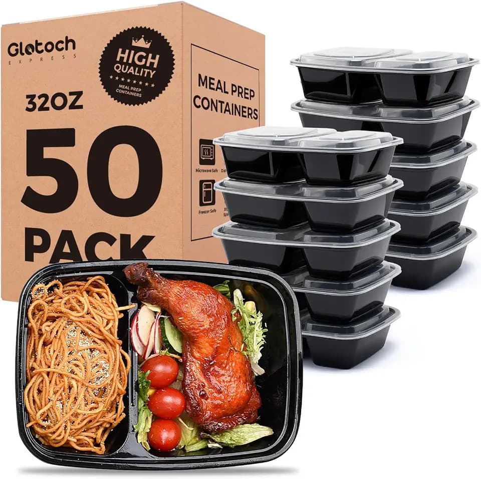 Glotoch 50 Pack(100-Piece)32oz 2-Compartment Meal Prep Containers with Lids
