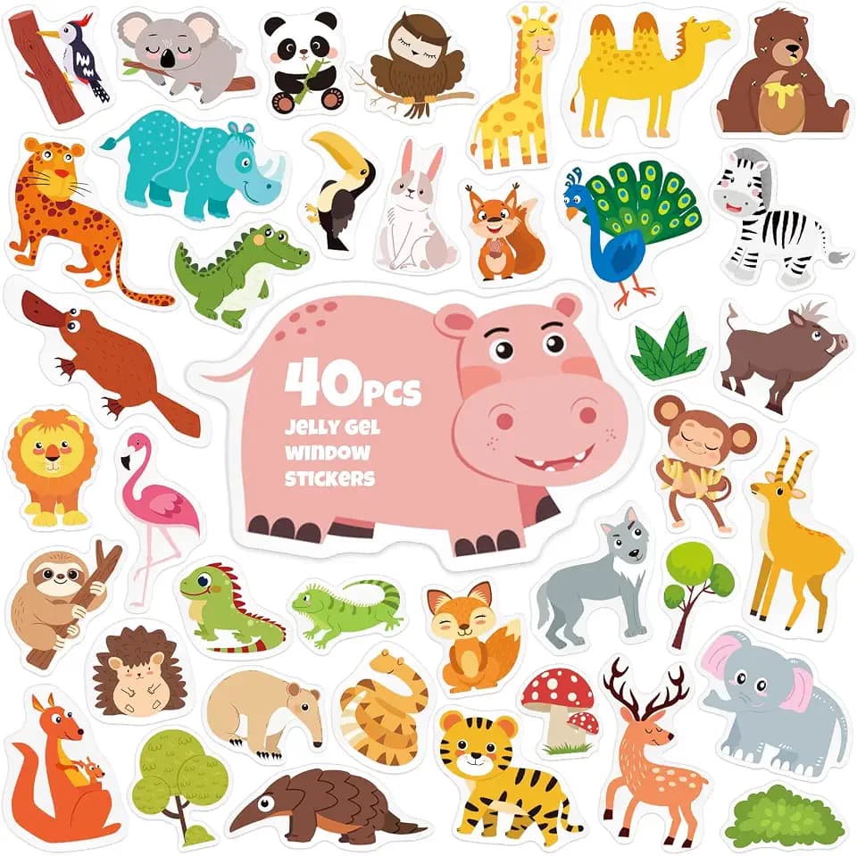 40 PCS Animals Thick Gel Clings for Kids, Rainbow Pony Window Gel Clings Decals for Toddlers, Cute Animal Window Stickers, Home Airplane Classroom Nursery Party Decorations, Removable and Reusable