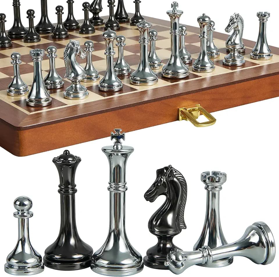 ELONGDI Metal Chess Set for Adults and Kids - 12 Inch Wooden Folding Chess Board and Metal Pieces, Travel Portable Chess Set - Extra Queens & 2.5" King, Ideal Gift for Chess Enthusiasts & Beginner