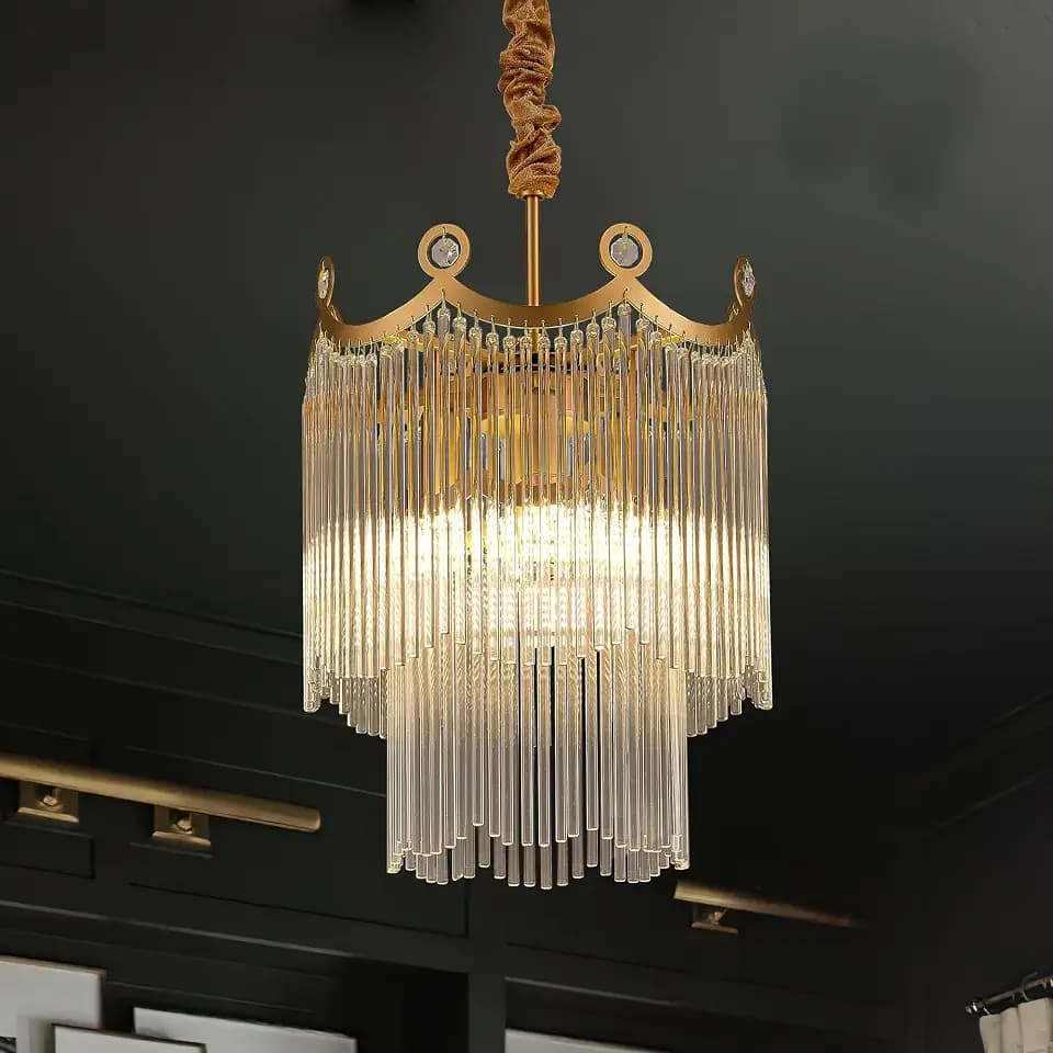 12.6" Small Modern Glass Gold Chandelier Light Fixture Luxury Glam 2-Tier Crystal Chandeliers for Dining Room 5-Light Round Hanging Ceiling Pendant Lighting for Living Room Kitchen Bedroom