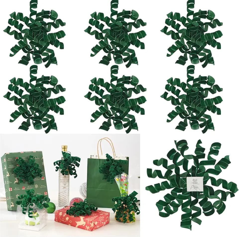 AIMUDI Dark Green Velvet Curly Bows for Gift Wrapping 6.5'' Christmas Gift Bows Self Adhesive Velvet Bows for Presents, Treat Bags, Wine Bottles Party Holiday Decorations - 6 Counts