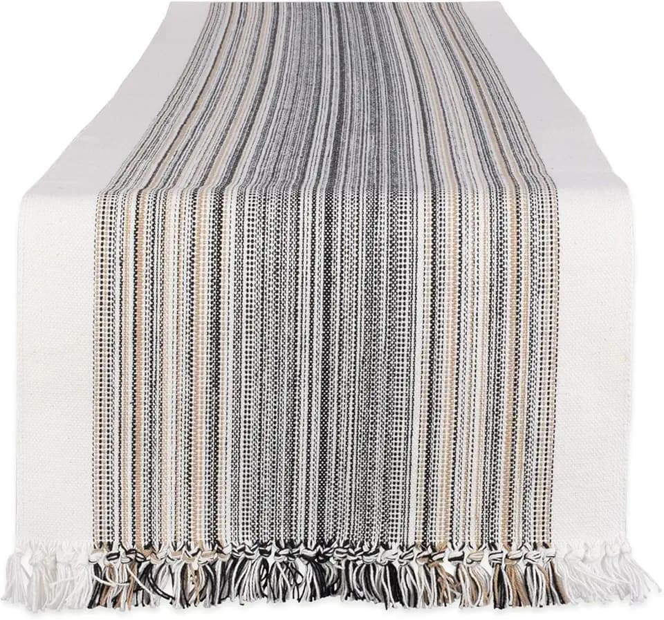 DII Everyday Collection Fringed Stripe Tabletop, Table Runner, 14x72, Black