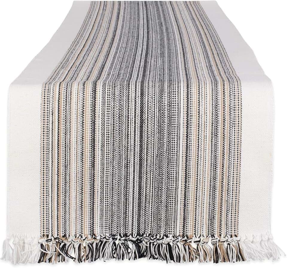 DII Everyday Collection Fringed Stripe Tabletop, Table Runner, 14x108, Black