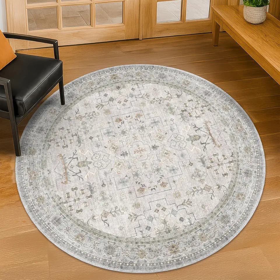 Boho 4ft Round Throw Rugs for Living Room - Washable Vintage Non Slip Area Rug for Bedroom, Home Office, Entryway, Kitchen, Light Gray & Sage Floral Low Pile Small Circle Carpet Indoor Décor