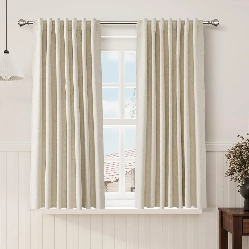 Beige 100% Blackout Linen Curtains 63 Inch Length for Bedroom Back Tab Thermal Insulated Rustic Country Farmhouse Decor Black Out Curtain for Living Room Dining Room Neutral Drapes 52x63, 2 Panels