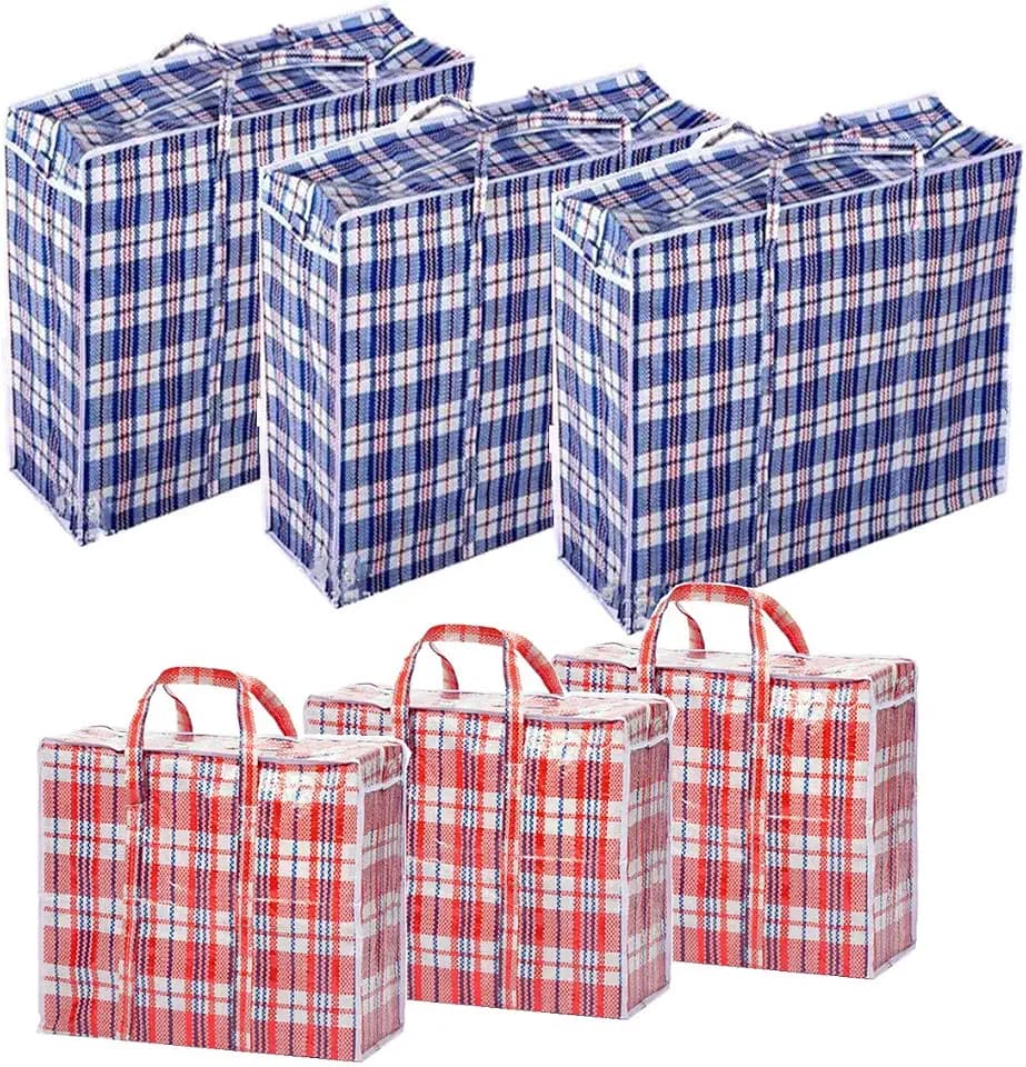 Set of 6 Large & Jumbo Plastic Checkered Laundry Bags with Zipper and Handles for Travel, Laundry, Shopping, Storage, Moving,Size:(27"x23"x5.5") and (19"x19"x4") - Color may vary